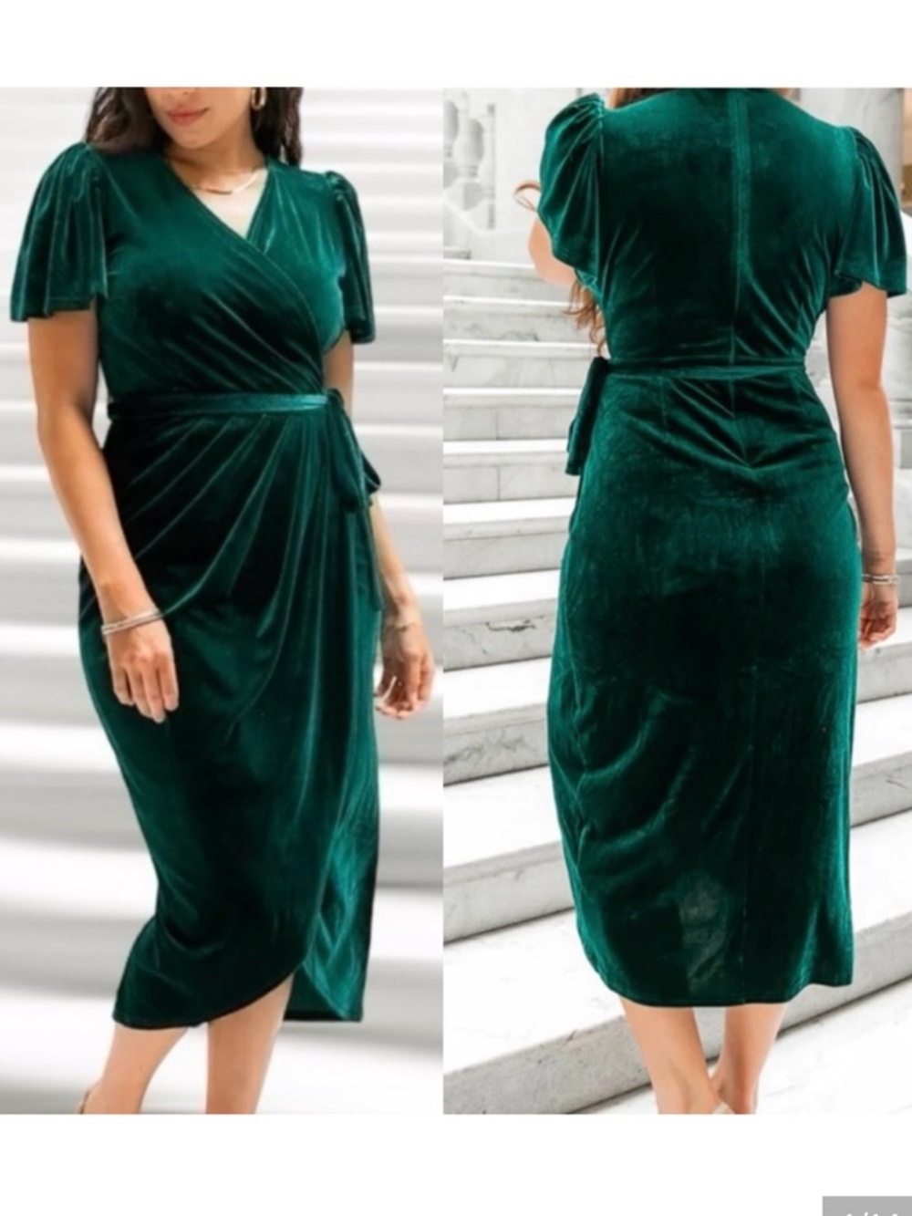 Ivy City Co. Lillie Midi Faux Wrap Dress Emerald Green Velvet Tulip Hem